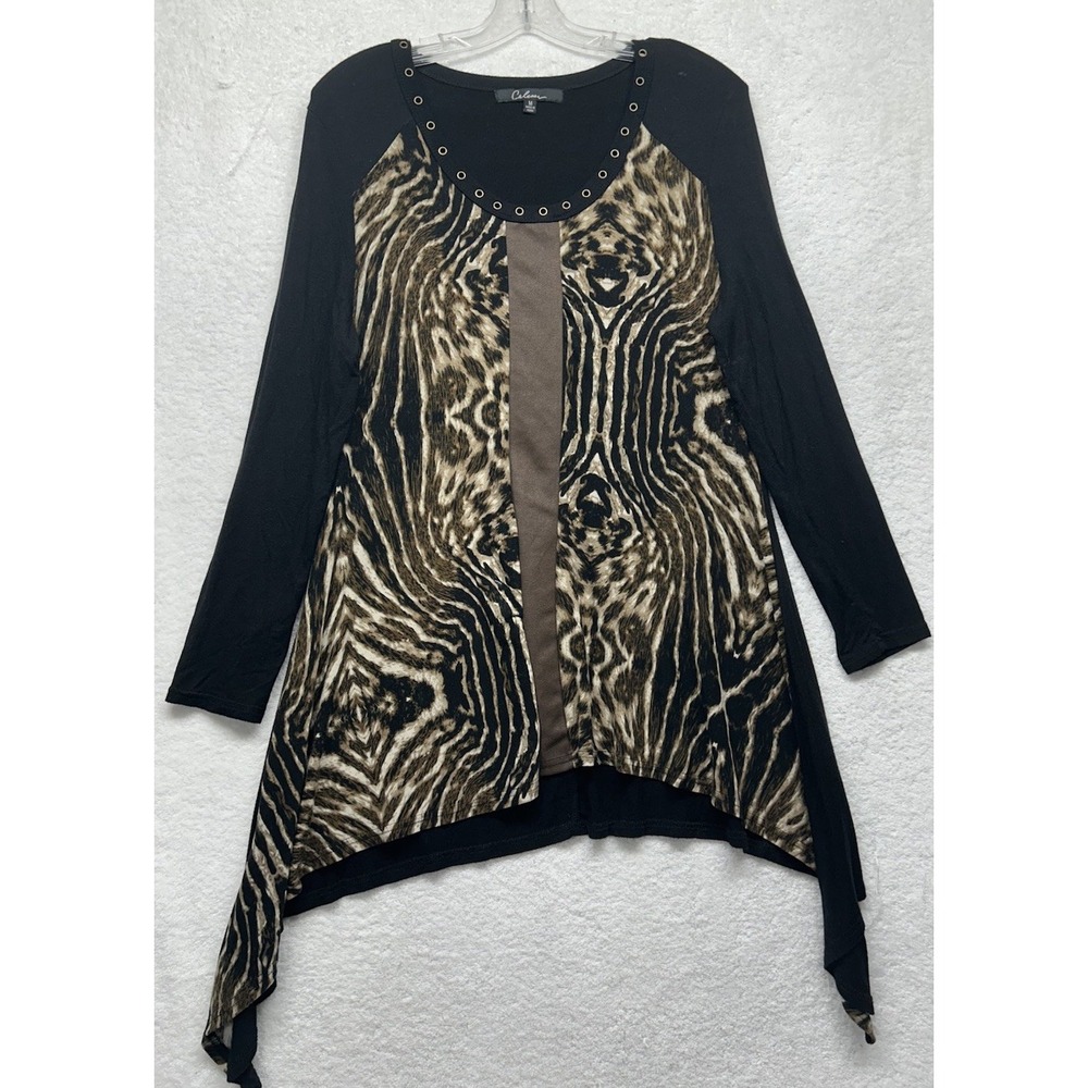 Calessa Womens Size M Black Leopard Print Scoop Neck Blouse Top (K7)